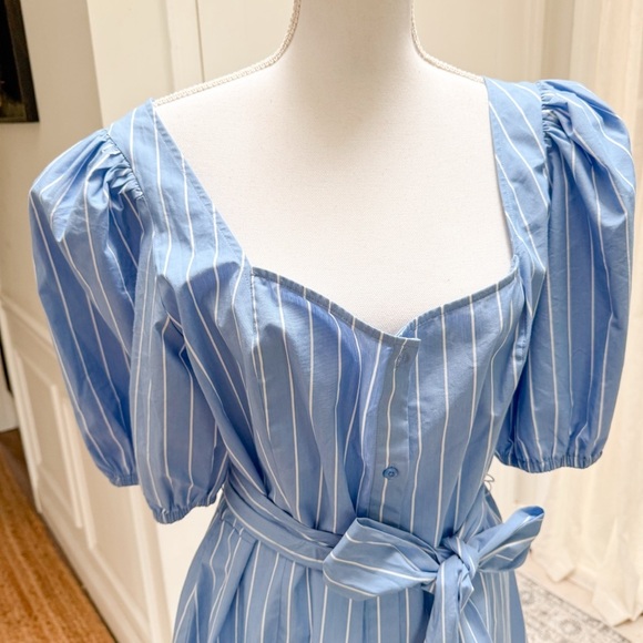 Express Womens XL Blue Striped Puff Sleeve Belted Mini Dress Cotton Blend NWT - Picture 4 of 10